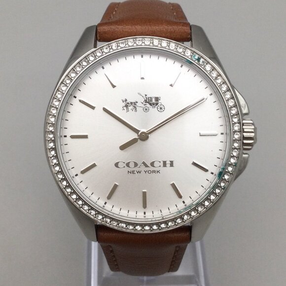 Coach Tristen Watch Women 38mm Silver Tone Logo Bling Leather Band New Battery - Picture 1 of 16